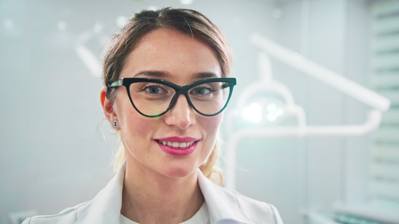 Doctor in the dental office looking at the roentgen image and into the camera