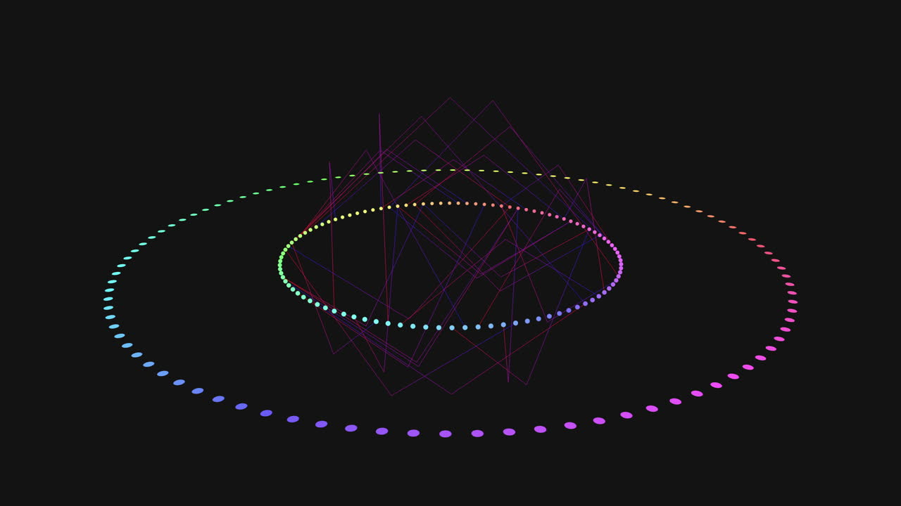 Futuristic neon dots form two glowing circular rings around dynamic abstract lines on a dark background, ideal for technology, data visualization, music visuals, science or digital interface concepts