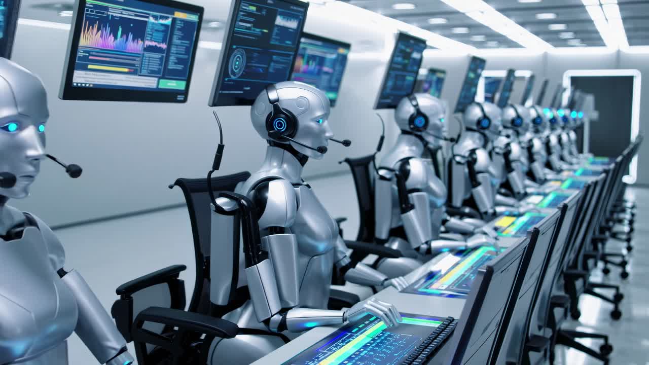 los robots humanoides avanzados operan como agentes de centros de llamadas, administrando eficientemente las interacciones con los clientes en un entorno de oficina elegante y tecnológicamente avanzado.