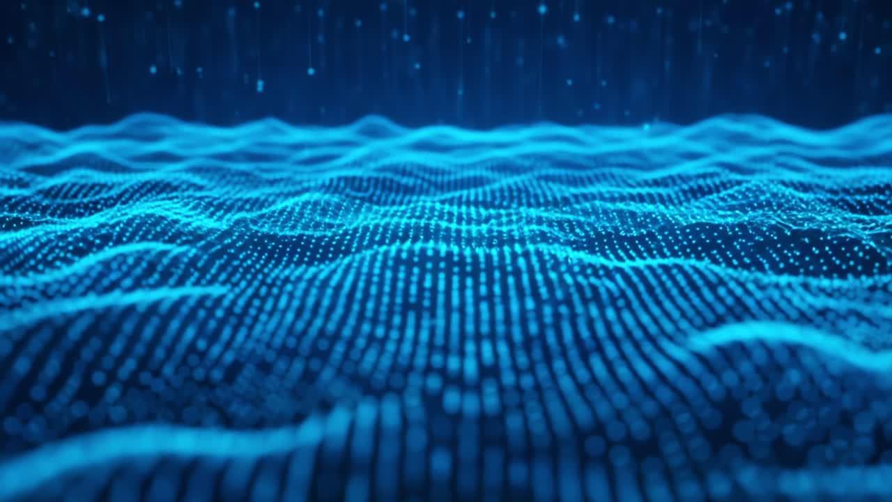 An Abstract Exploration of Blue Digital Waves and Light Particles Creating a Mesmerizing Visual Symphony in a Hypothetical Ocean of Technology