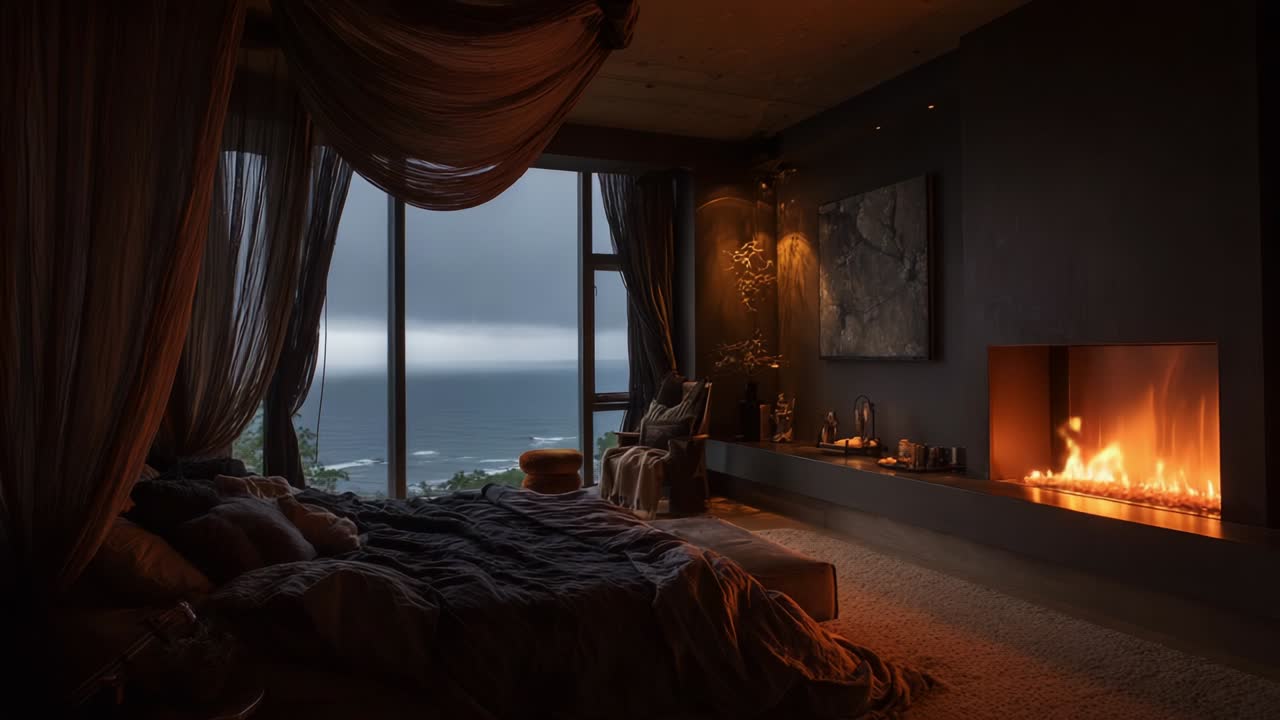 Tranquil Coastal Retreat: A Visually Appealing Bedroom Scene with Warm Lighting, Soft Textures, and Dramatic Drapery Overlooking a Serene Ocean View at Dusk
