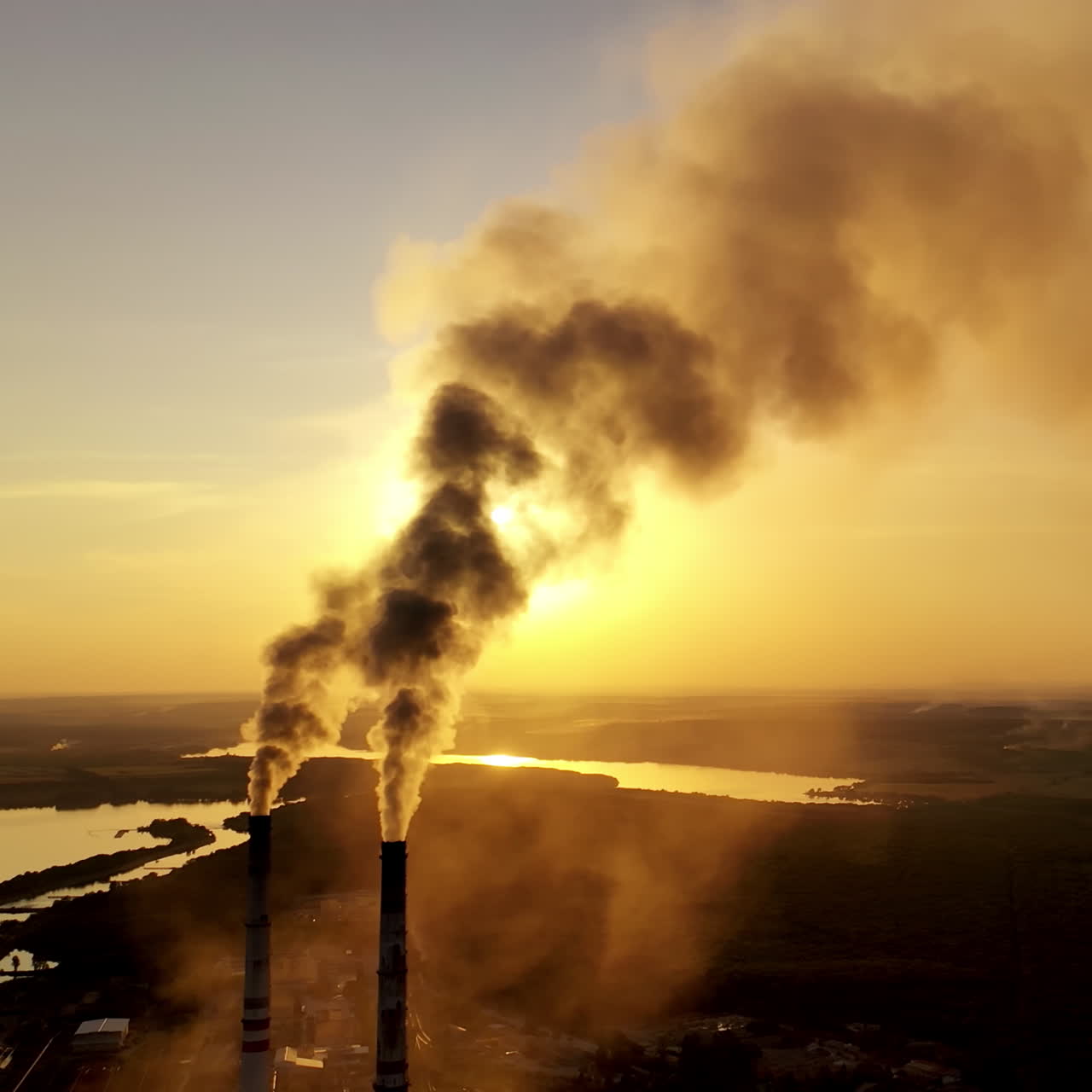 Industrial pipes with thick smoke at sunset. Two large pipes produce chemical smoke in the air on nature background. Environmental pollution.