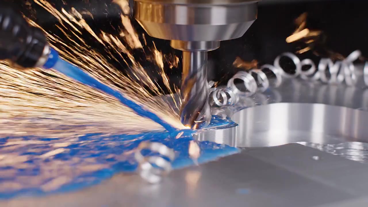 Fresatrice CNC che taglia il metallo con scintille e liquido refrigerante