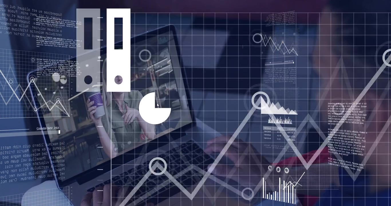 Man using trackpad woman onscreen gesturing business HUD expanding over laptop settling for review
