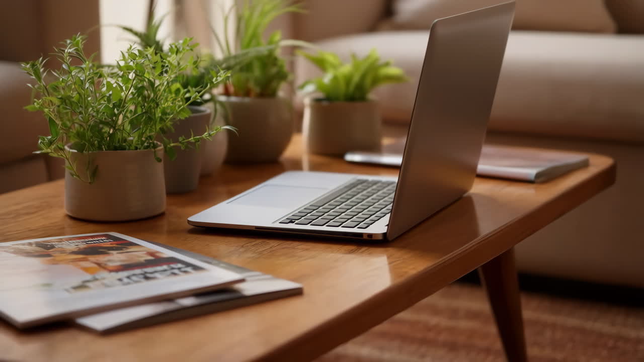 Laptop and Potted Plants on a Wooden Coffee Table