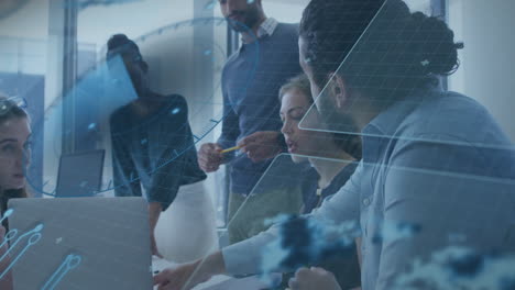 collaborating with digital interface overlay, business team analyzing data in office