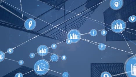 animation of network of connections with icons over cityscape