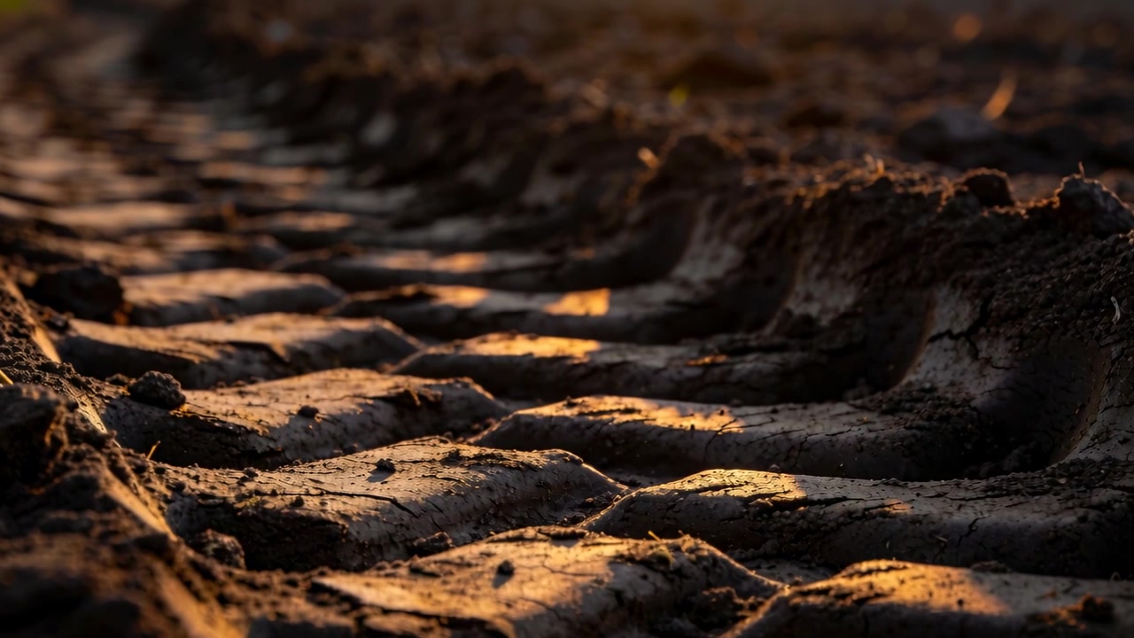 Panning camera showing deep-tread tire impressions shifting right on moist soil, exposing texture