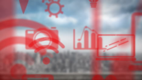 red technology icons animating over cityscape background