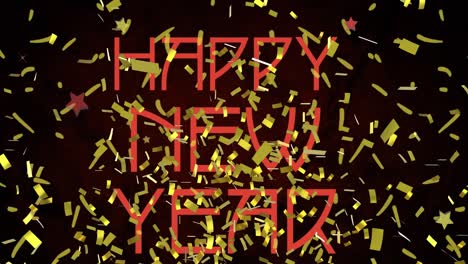 animación del texto de feliz año nuevo en rojo, con confeti dorado en fondo negro