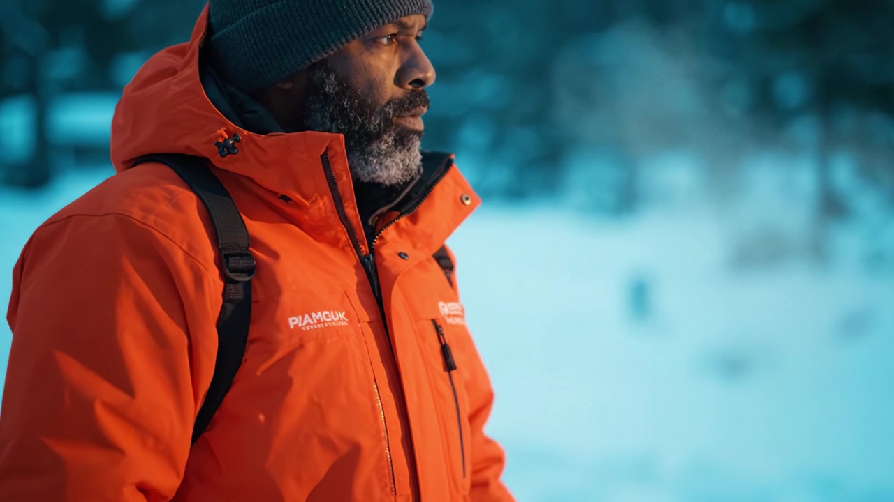 A focused individual prepares for the cold outdoors in a vibrant orange jacket, showcasing determination and readiness amidst a serene snowy landscape.
