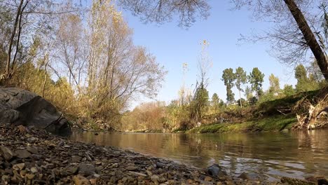 Low-Angle-Shot-Of-A-River-Surrounding-By-Autumnal-Fall-Foliage-In-Skardu