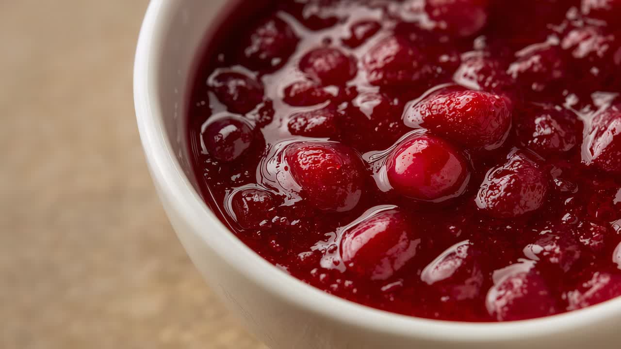 Panning camera reframing white ceramic bowl on tan tabletop, bringing glossy cranberries into focus