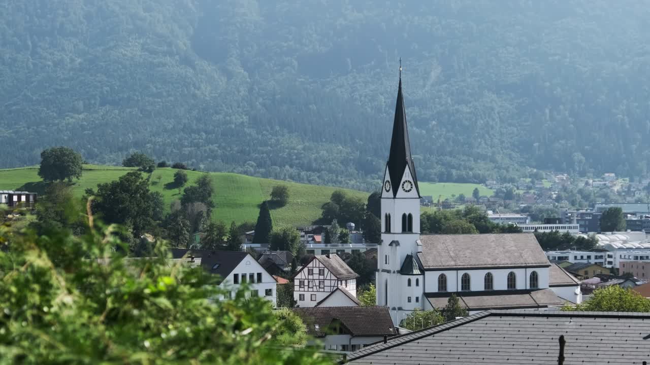 파노라마 뷰 리히텐슈타인은 알프스 산맥 계곡의 푸른 에 있는 집들과 함께