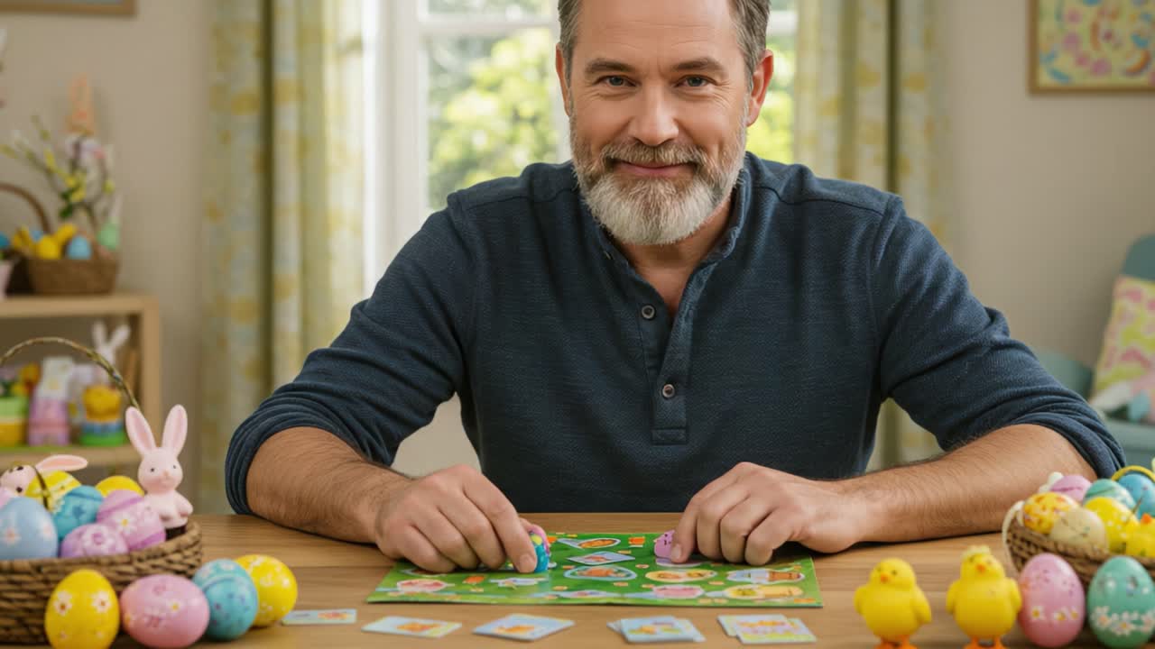 Engaging in an Easter-themed Game: A Smiling Man Enjoys Quality Family Time Surrounded by Colorful Eggs, Cute Chicks, and Whimsical Decorations