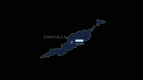 stylized anguilla island map with capital city and geographic coordinates on black background