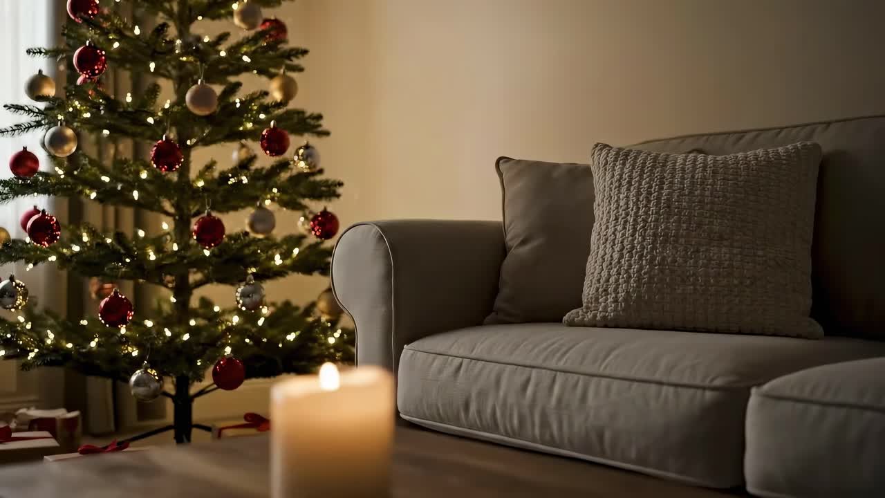 Cozy living room with a Christmas tree, warm lighting, and a candle