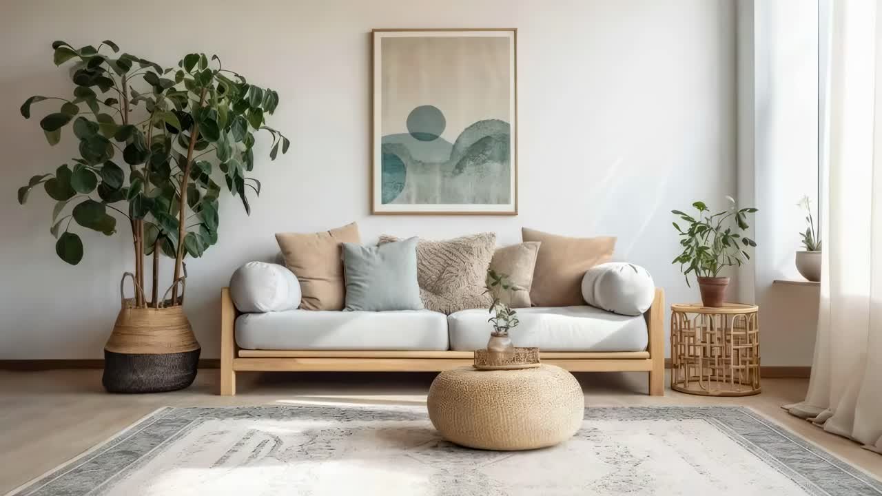 A cozy living room with a modern sofa, plants, and abstract art