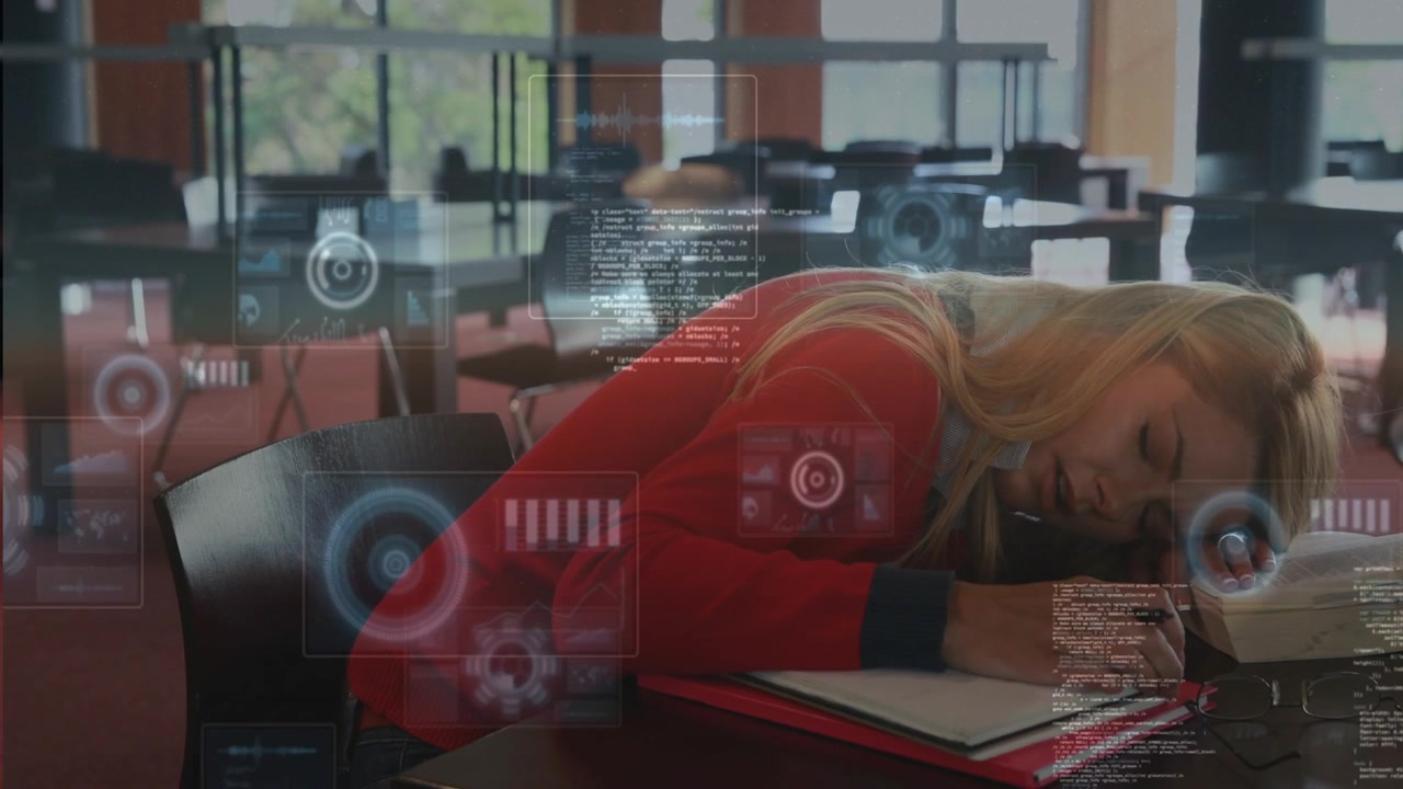 Student writing then dozing in library, head dropping causing education HUD expanding over notebook