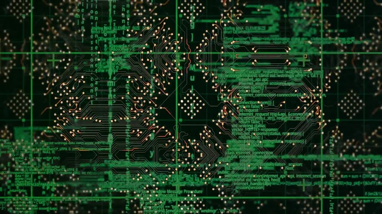 datenverarbeitung über rasternetzwerk gegen mikroprozessorverbindungen auf schwarzem hintergrund