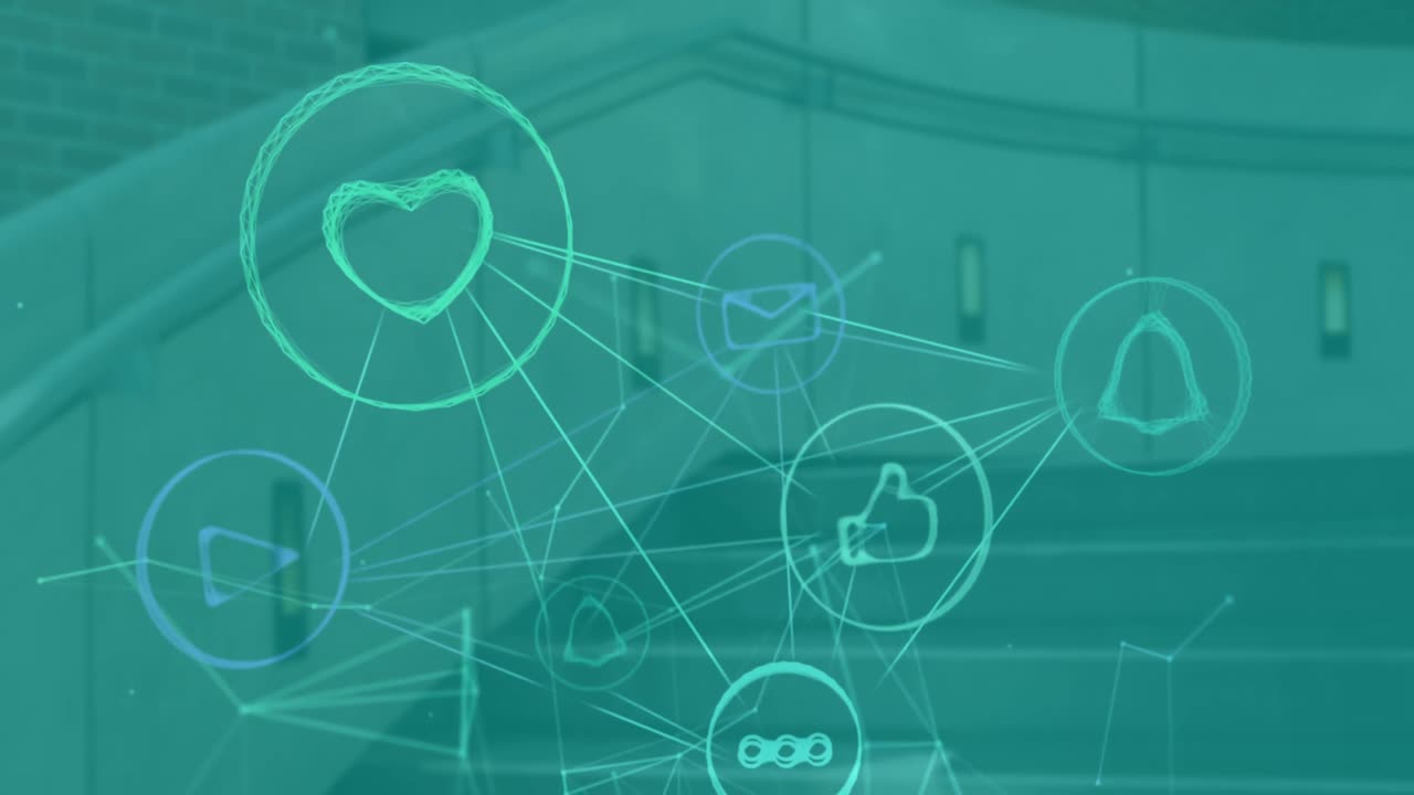 배경에 있는 사무실 계단 위에 있는 선으로 연결된 아이콘의 애니메이션