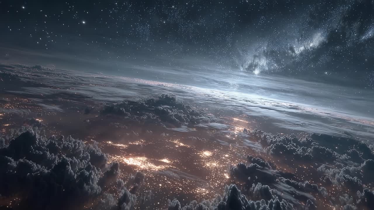A Mesmerizing View of Earth's Atmosphere at Night: Illuminated Cities Beneath a Starry Sky and Galactic Wonders, Capturing the Beautiful Contrast of Light and Darkness