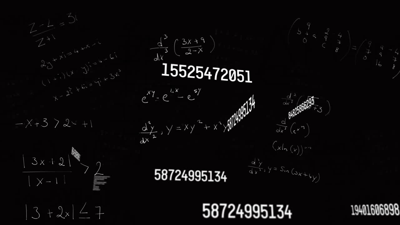 animación de números cambiantes y ecuaciones matemáticas flotando contra un fondo negro