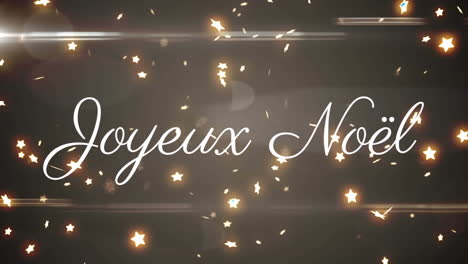 animation of joyeux noel text over snow falling on grey background