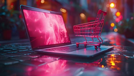 online shopping concept with laptop and miniature cart