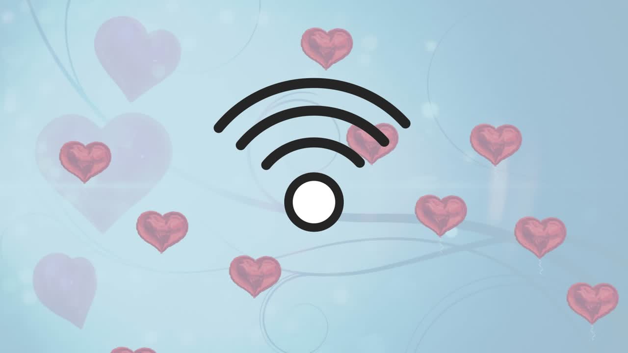 Animation af wifi-ikon over røde hjerter på en blå baggrund