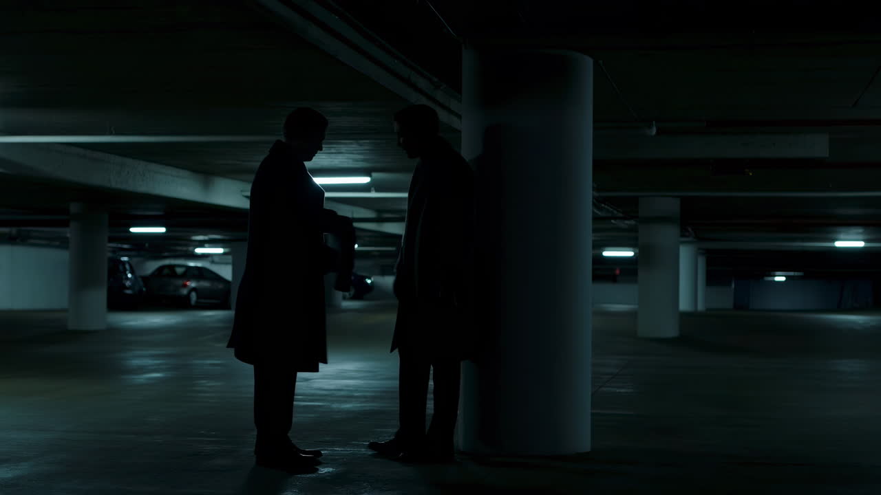 Due uomini in silhouette si scambiano una valigetta in un parcheggio sotterraneo buio.