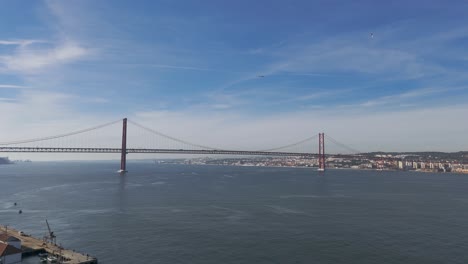 Aerial-view-of-the-Ponte-25-Abril-bridge-and-the-Tagus-river-in-sunny-Lisbon