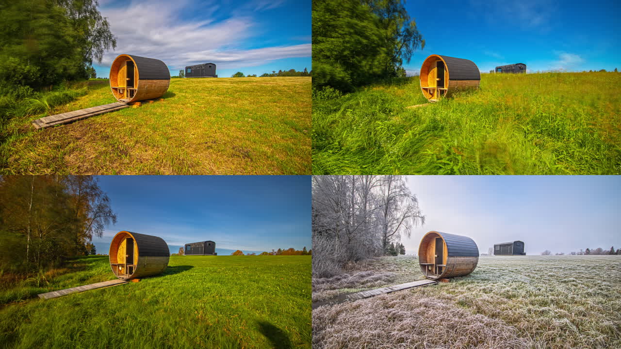 el paisaje cambia alrededor de una pequeña sauna al aire libre durante cuatro estaciones.