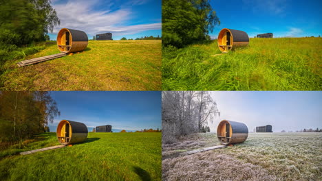 time lapse show landscape change around small outdoor sauna over four seasons