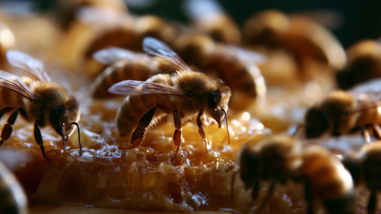 Un primo piano di api con favo, che cattura il loro intricato comportamento e la dolcezza della natura in un'ambientazione incantevole