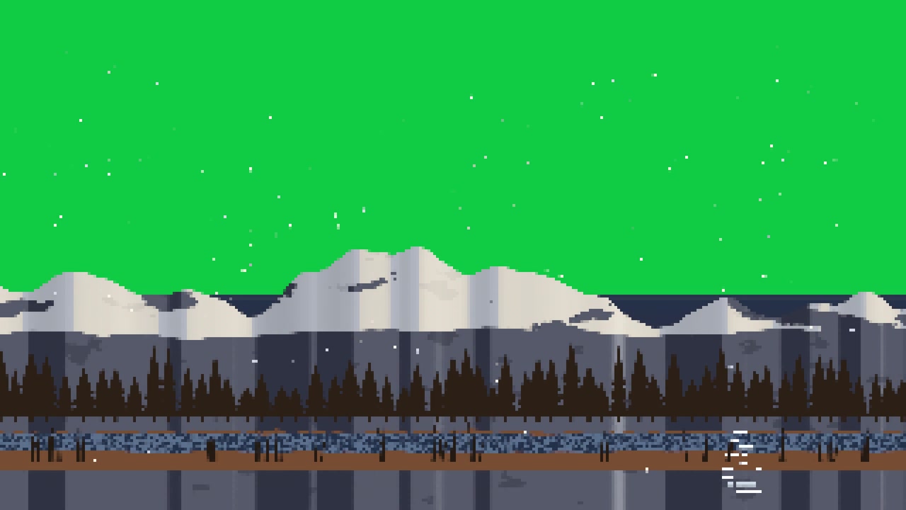 Lago a 8 bit che si anima con la luce giusta, stelle che lampeggiano, increspature che creano calma su sfondo trasparente