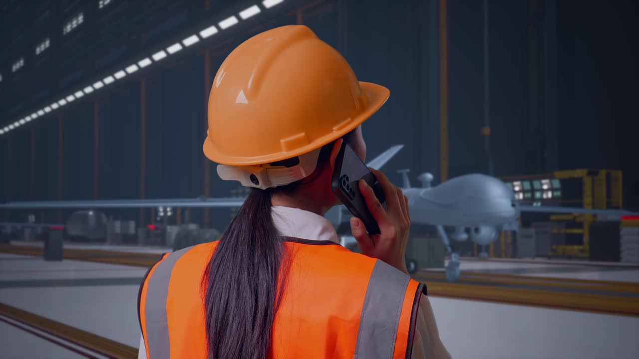 Primo piano, vista posteriore di un'ingegnera asiatica con casco di sicurezza che parla al telefono in piedi, in un hangar di manutenzione con un drone militare moderno.