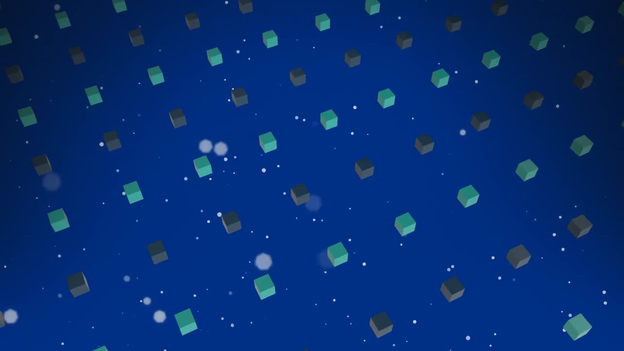 파란색 배경에서 움직이는  점과 사각형의 애니메이션