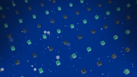 Animation-Von-Weißen-Flecken-Und-Quadraten,-Die-Sich-Auf-Blauem-Hintergrund-Bewegen
