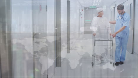 animation of world map over caucasian male doctor and female patient walking on hospital corridor