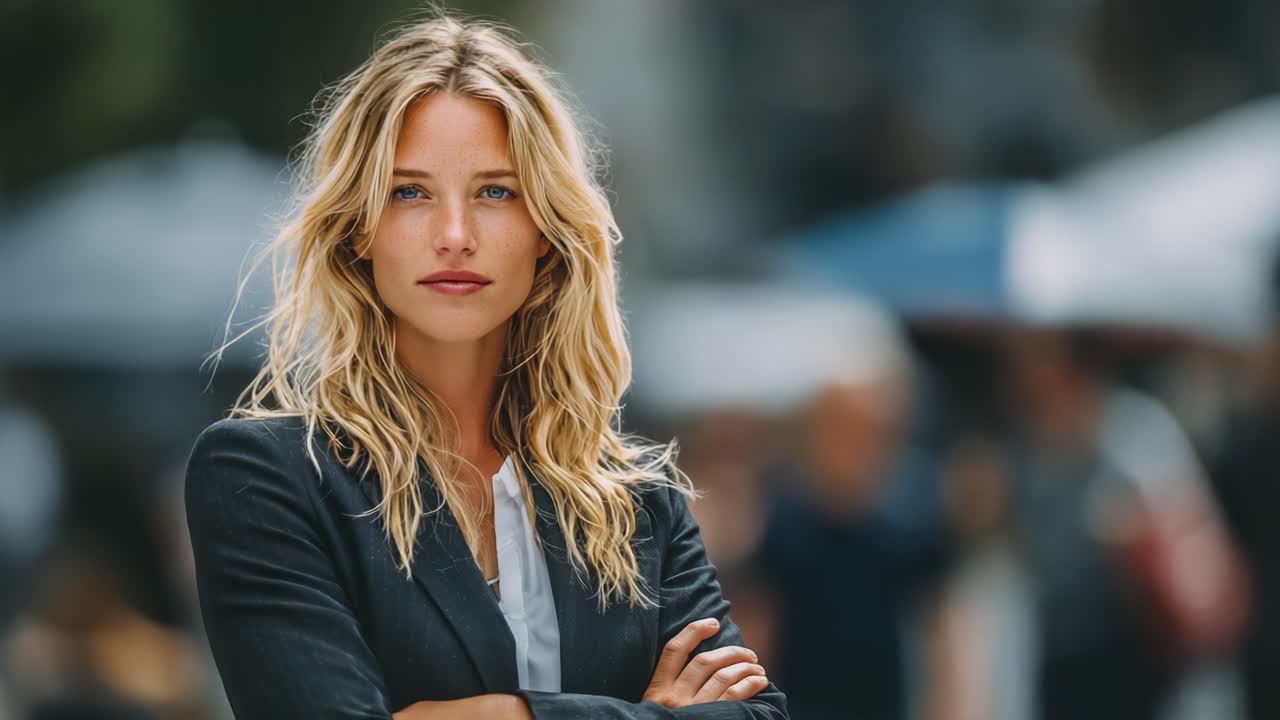 Una donna sicura di sé in abbigliamento da lavoro irradia compostezza e professionalità contro uno sfondo urbano sfocato, catturando l'essenza dell'emancipazione moderna.