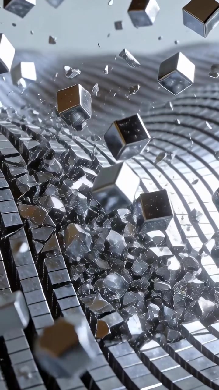 Vertical video: Impacting concentric rings cracking and ejecting metal cubes, shards scattering