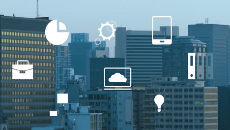 Animation of digital data processing with icons over cityscape
