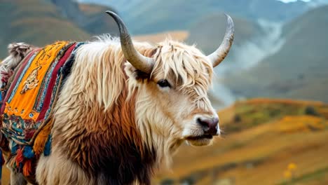 a yak with a colorful blanket on its back standing in a field