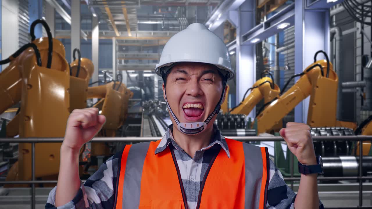 Close Up Of Asian Male Engineer With Safety Helmet Screaming Goal Celebrating Working With Industrial Robotic Arms Working