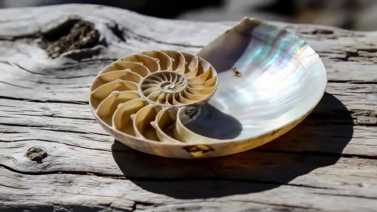 La cámara en movimiento enfoca con mayor nitidez una concha de nautilus partida por la mitad sobre un tronco iluminado por el sol, resaltando el nácar.