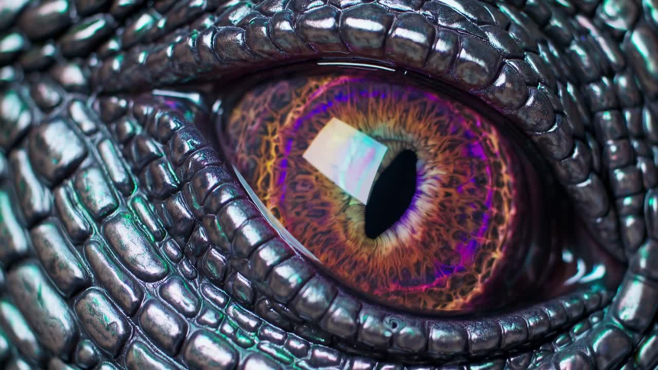 Nahaufnahme-Video eines Reptilienauges mit lebhaften Farben und komplexen Texturen, als Makroaufnahme.