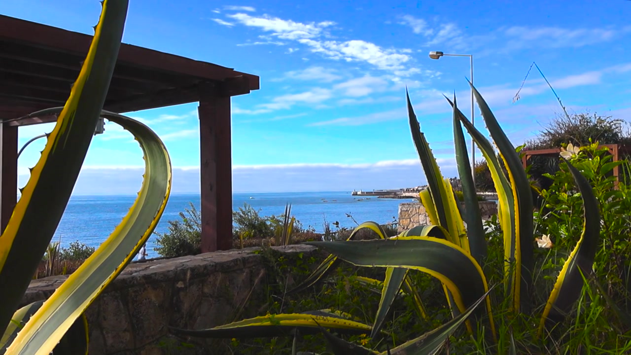 Splendida vista panoramica sull'Oceano Atlantico da un bellissimo giardino con piante di agave e una pergola in legno in una giornata di sole con cielo azzurro e nuvole sparse a Estoril, Portogallo