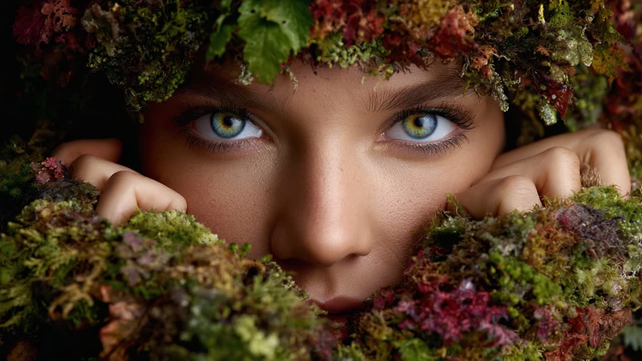 A Enchanting Portrait of a Young Woman Surrounded by Nature's Vibrant Moss, Capturing the Essence of Earthy Beauty and Connection to the Natural World
