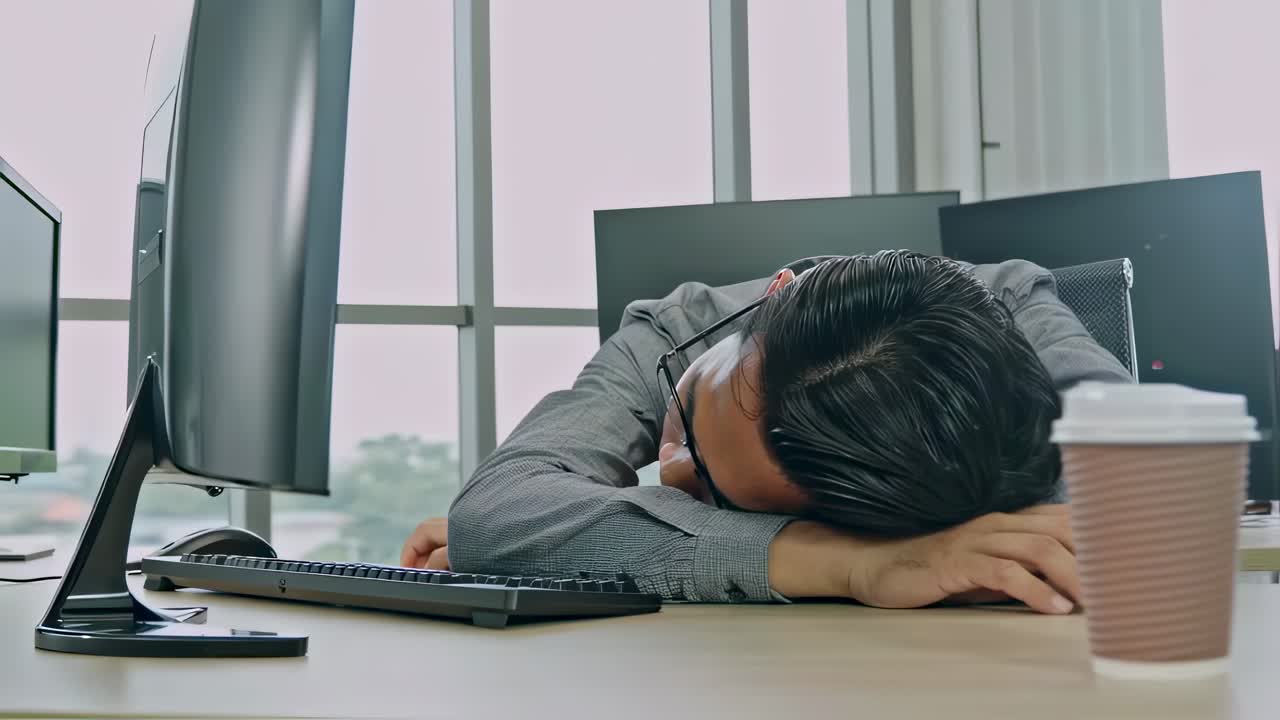 Asian office worker wearing glasses is sleeping on his desk next to a keyboard, mouse and disposable coffee cup, tired after long hours working at computer